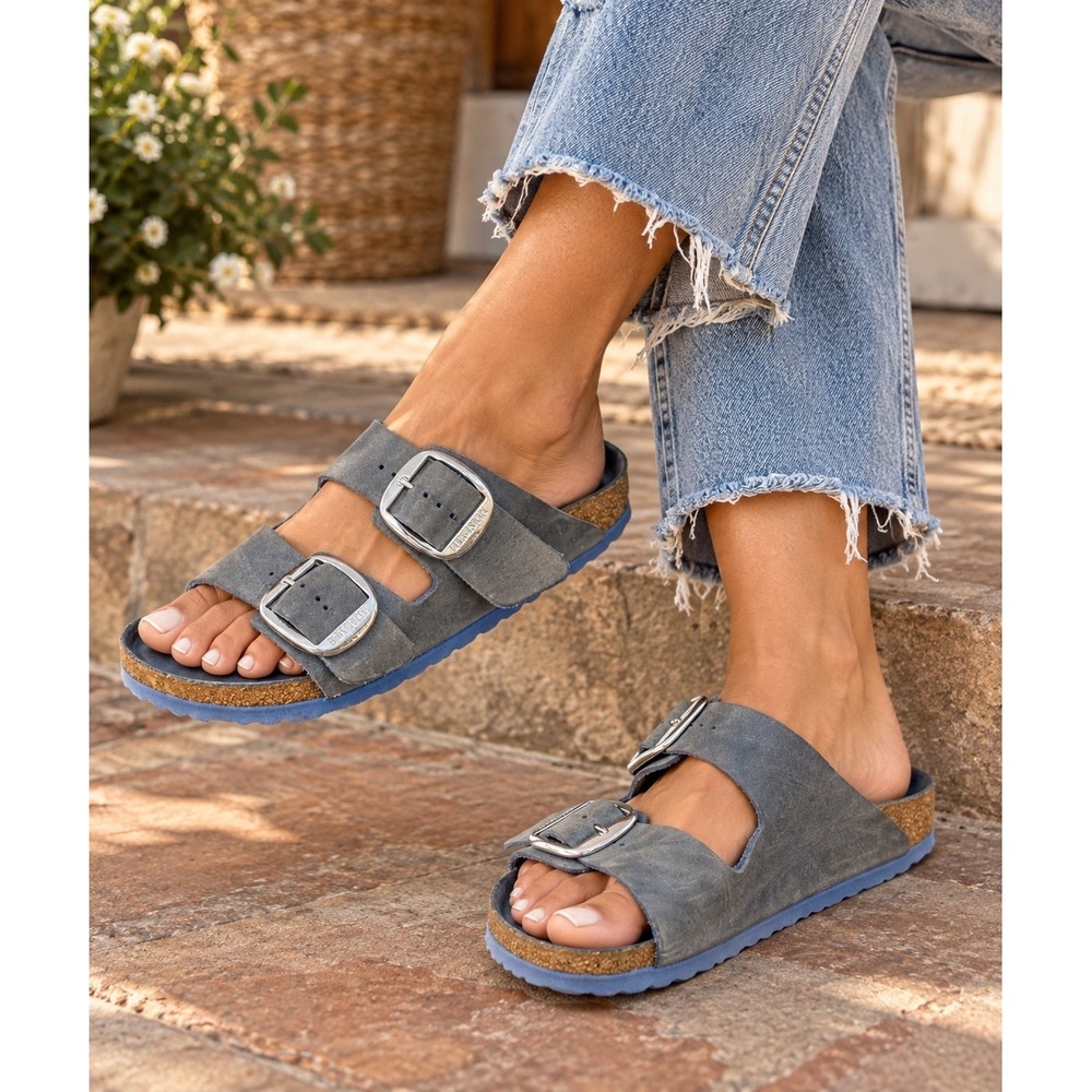 Birkenstock Arizona Big Buckle Dusty Blue Suede Leather Sandals Size 36